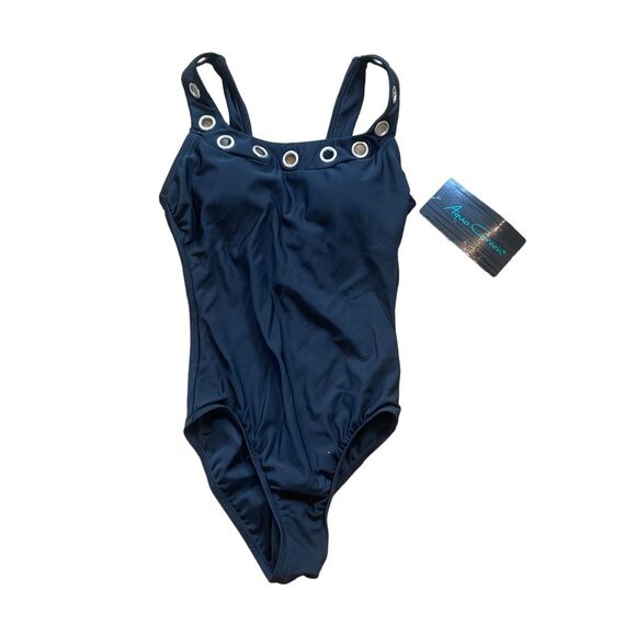 NWT Womens AQUA GREEN Black One PIece Swimsuit‎ with Grommets sz Small 4/6 - Picture 1 of 5